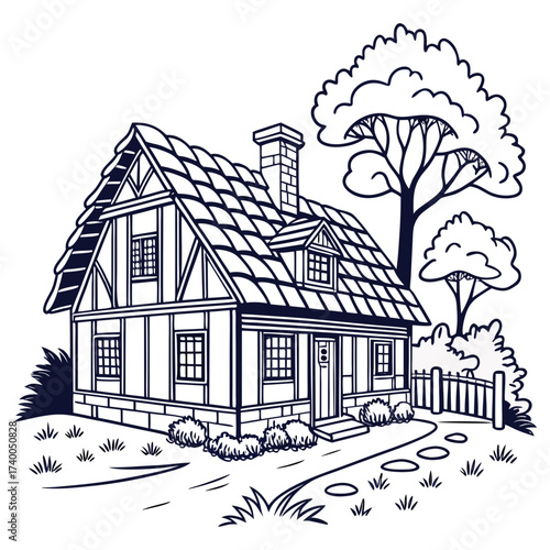 Charming tudorstyle cottage nestled amidst lush greenery, showcasing a quaint pathway leading to the inviting entrance, with a backdrop of mature trees and a picturesque fence