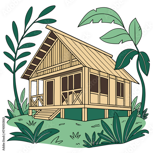 Secluded tropical hut nestled amidst lush foliage, showcasing a rustic design with an inviting porch, capturing the essence of island living
