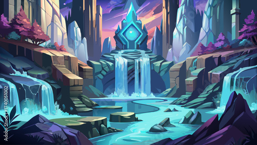 Close-up of Rivendell waterfall rock, glowing crystal-like textures, surreal magical aura, fantasy details, dreamlike environment, elven architecture reflection, epic design, enchanted landscape, 