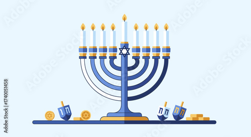 Happy Hanukkah Festival of Lights Celebration with Menorah Dreidels and Coins