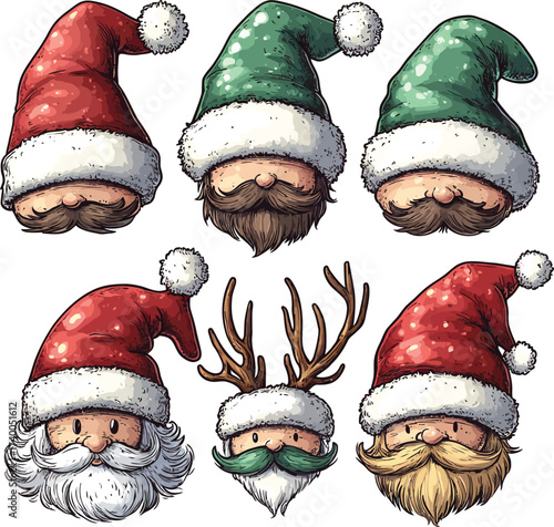 A fun vector cartoon set of Santa Claus characters, hats, and winter holiday decorations for Christmas and New Year's celebration design