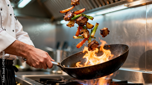 Chef tossing food in flaming pan