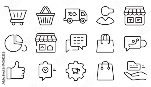 Vector icon set of web store, shopping cart, and online retail elements for marketing and trade design.