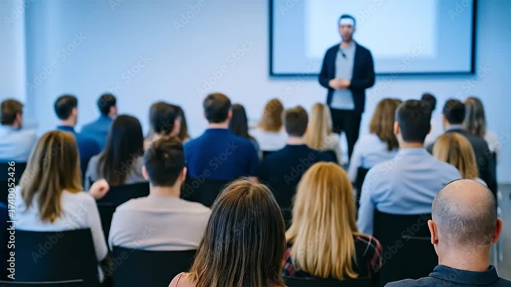 custom made wallpaper toronto digitalProfessional Speaker Addressing Engaged Diverse Audience at a Corporate Conference or Training Seminar Event with Presentation Screen