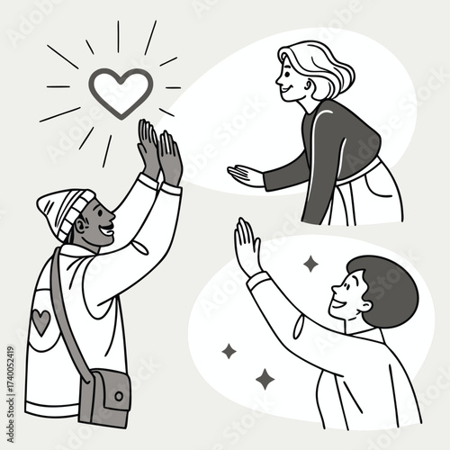 Friendly people interact with heart graphic