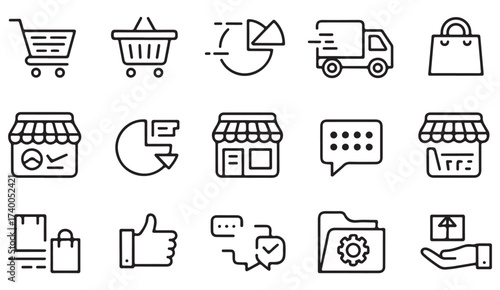 Collection of online shopping and e-commerce outline icons with delivery, sales, and digital business symbols.