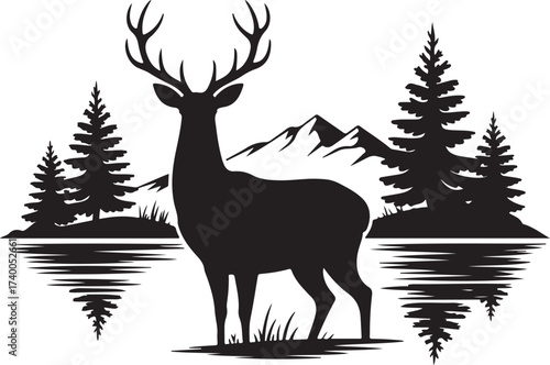 Deer in Forest Illustration with Mountain Lake Silhouette