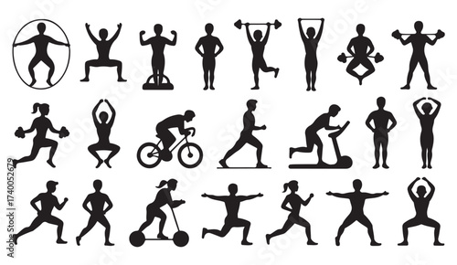 Black silhouette icons of people doing sports, yoga, and endurance workouts representing active lifestyle and wellness.