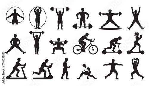Fitness and physical activity silhouettes depicting various exercise movements for gym and health design concepts.