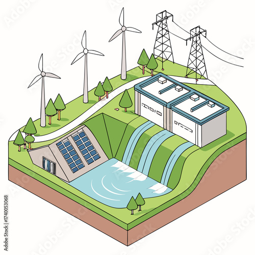 Illustration of a sustainable energy infrastructure featuring a hydroelectric dam solar panels wind turbines and power lines