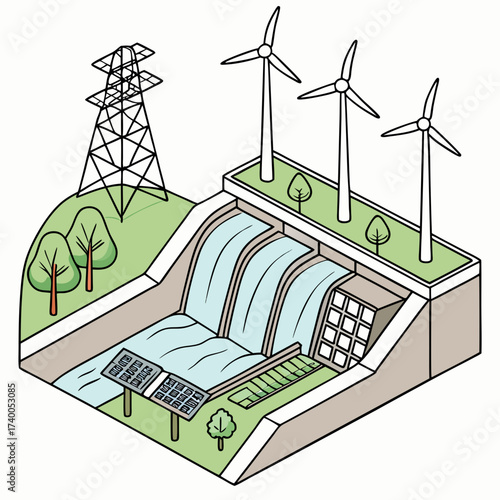 Isometric illustration of a sustainable energy generation plant featuring a hydroelectric dam wind turbines and solar panels on a green landscape