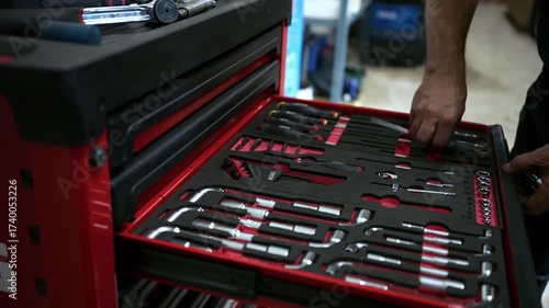Close-up of a mechanic opening a red rolling toolbox drawer to reveal a fully organized set of polished metal tools, conveying professional efficiency and technical work