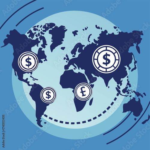 Global currency symbols world map illustration