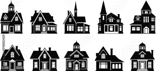 Architectural House Silhouettes – Vector Icons of Diverse Residential Styles with Gables, Dormers, Turrets, Steeples, Porches, and Roof Designs