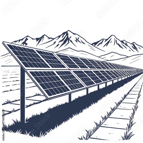 Expansive solar panel array stretches across a landscape with majestic mountains in the background representing renewable energy and sustainability