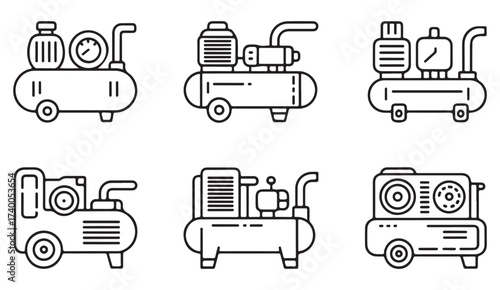 Vector icon pack of air compressors and pneumatic tools designed for factory, repair, and manufacturing industries.