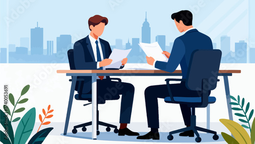Two men in suits reviewing documents at desk