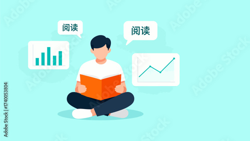 Person reading book with data charts