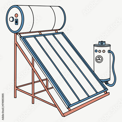 Illustration of a solar water heater system with a collector panel and storage tank representing renewable energy and sustainability
