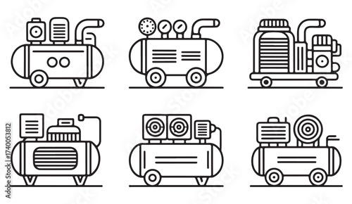 Air compressor line illustration set showing workshop machines and portable industrial pressure devices.