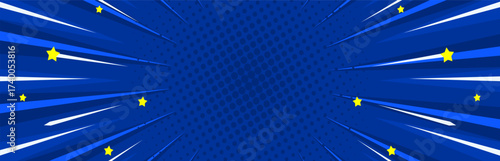 
Vector background with blue radial rays and yellow stars, dynamic comic style banner design.
