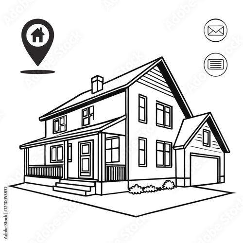 House illustration with support graphics
