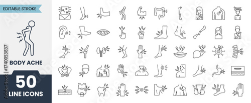 Body Ache line icons set with editable stroke. Containing Head, hand, leg, abdomen, chest, back, hand, toes and more. Vector illustration