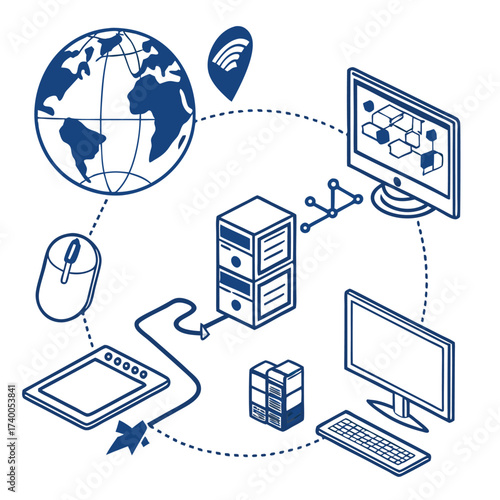Global network digital devices isometric illustration