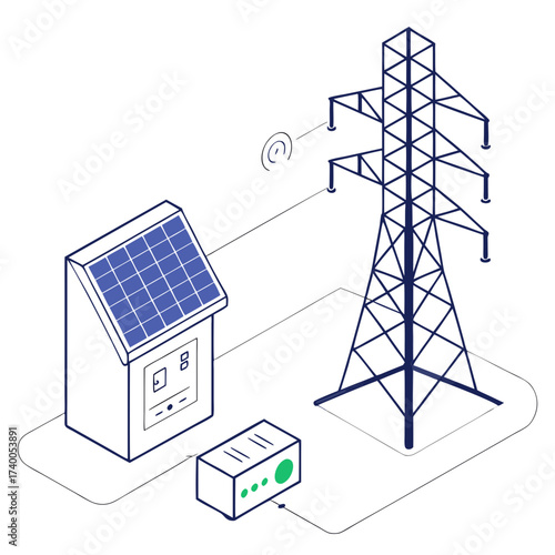 Isometric illustration of a solar panel system connected to a power pylon and a small device representing renewable energy infrastructure and grid connection