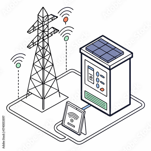 Smart grid technology with solar power and wireless communication connecting a power tower to a control unit and tablet