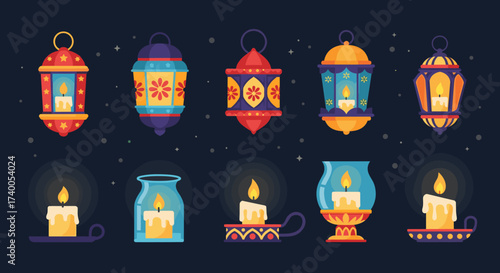 Collection of Ornate Lanterns and Candles Illuminating the Night Sky