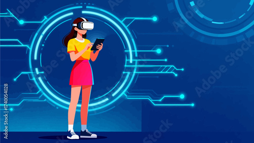 Woman using virtual reality headset and tablet