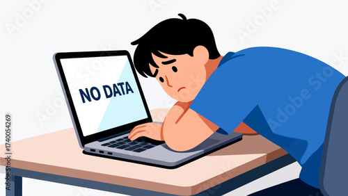 Man looking at laptop with no data message