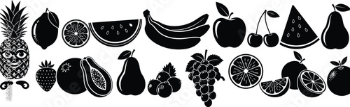 Black and white fruit silhouettes in two-row layout, stylized icons of tropical and citrus produce, healthy food vector illustration set