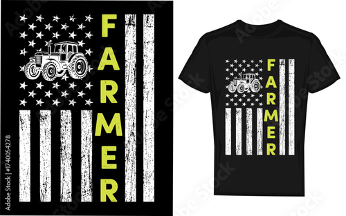 Patriotic farmer with tractor and american flag silhouette design celebrating agriculture and national pride