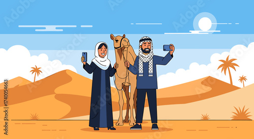 A couple, dressed in traditional attire, take selfies with a camel in a desert landscape.