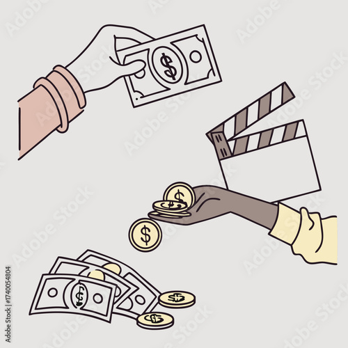 Hands exchanging money and film clapper