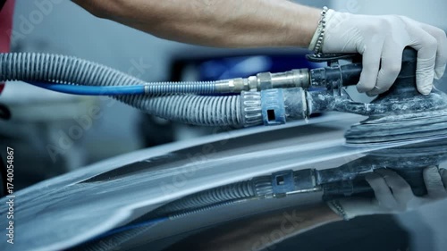 Close-up of a mechanic's gloved hand using a power sander on a car panel, preparing the surface for painting in a professional auto body shop