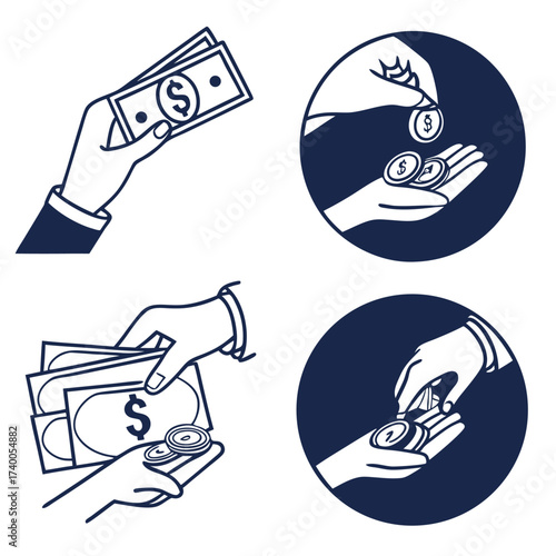 Hands exchanging money illustrations