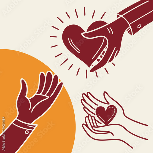Hands giving and receiving heart graphic
