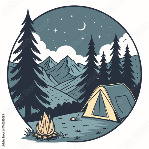 Serene night camping scene with a tent and campfire nestled among pine trees with majestic mountains under a starry sky and crescent moon