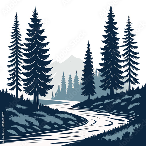 Serene mountain landscape with a winding river flowing through a dense forest of pine trees under a clear sky