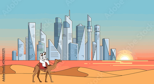 Cartoon illustration of two men riding a camel through a desert landscape with a modern city skyline in the background.