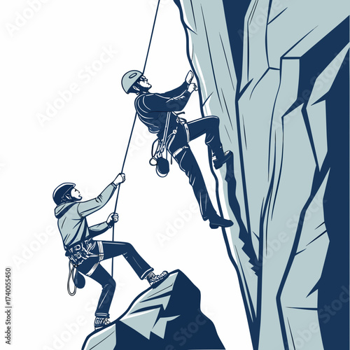 Two climbers ascend a sheer rock face with one belaying from a lower perch on a rocky outcrop