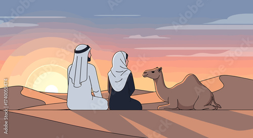 A couple in traditional attire sits with a camel, watching the sunset in a desert landscape.