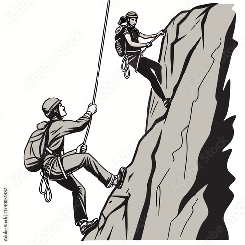 Two climbers ascend a steep rock face using ropes and harnesses demonstrating teamwork and adventure on a challenging outdoor expedition