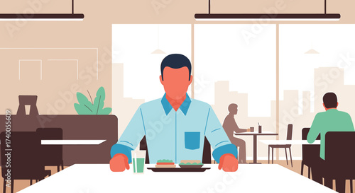 A man sits at a table, enjoying a meal in a modern restaurant setting.