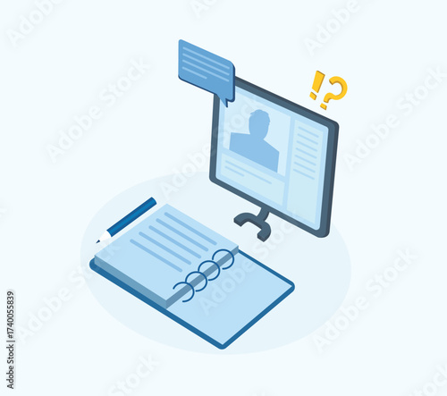 Online Interview and Note-Taking Workplace. Question and Answer Online Concept.