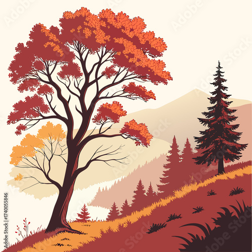 Vibrant autumn tree with red and orange foliage stands on a hillside overlooking a serene mountain landscape with pine trees