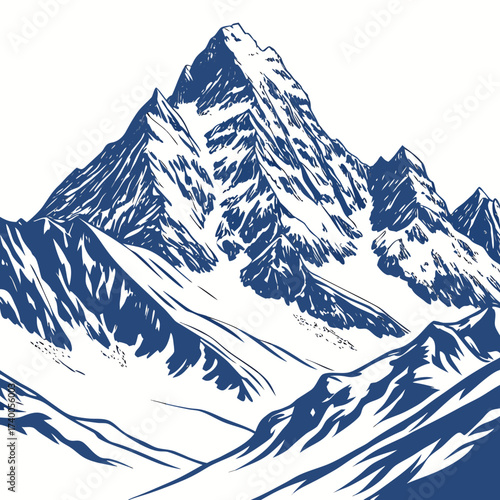 Majestic snow capped mountain range with sharp peaks and dramatic slopes in a stylized blue and white illustration